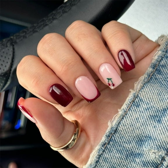 Cherrys Red French Manicure Almond Shape Comfortable All Day