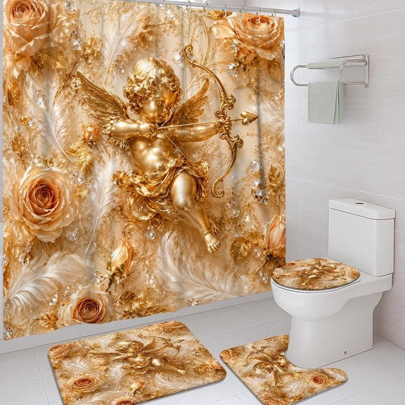 Cherub Extra Wide Shower Curtain, Romantic Rose Feather Gold Toile, Waterproof Polyester, for Bathroom and Hotel Decor