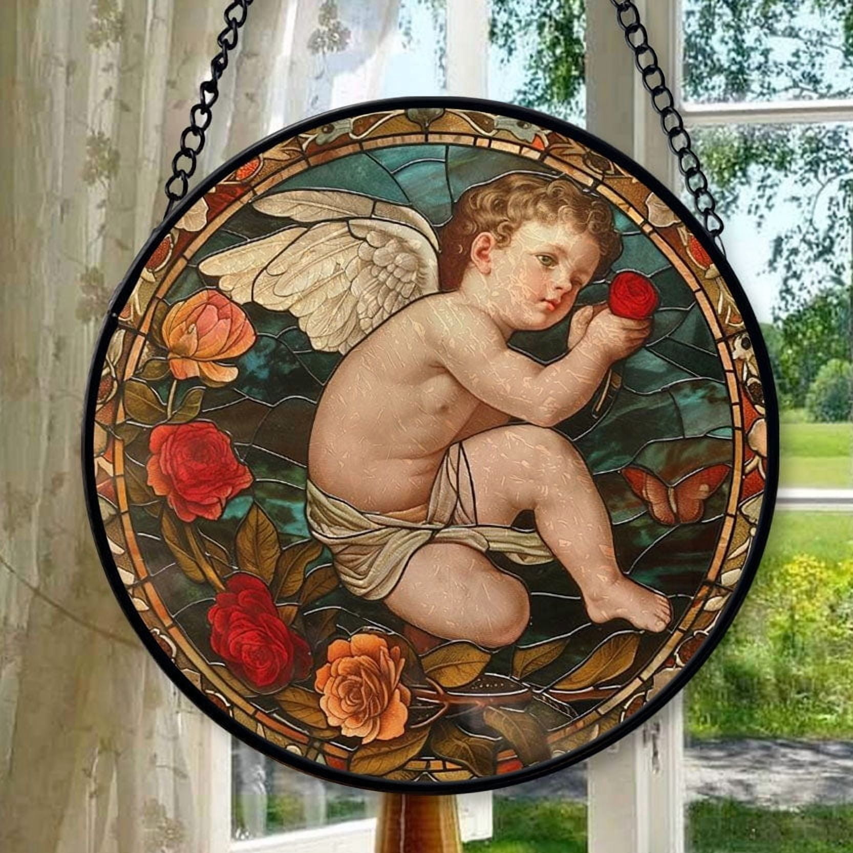 Cherub: Stained Glass-Style Christmas Ornament - Made With Real Glass, Stained Glass Ornament 2025, Holiday Decoration, Seasonal Keepsake Gift, Unique Collectible, Window Hanging,