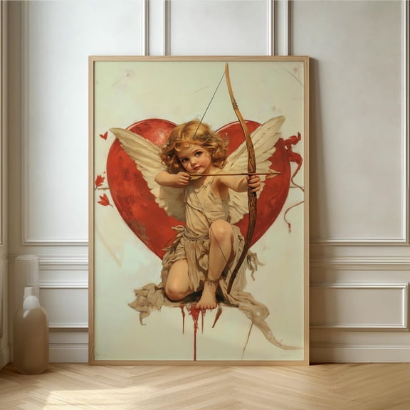 Cherubic Cupid Art Print Whimsical Heart Themed With Adorable Winged Boy Perfect For Romantic Decor
