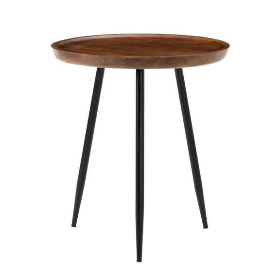 Dilan Solid Mango Wood End Table with Metal Base, Round Tray Top Side Table for Living Room Bedroom, 23 Inch, Walnut