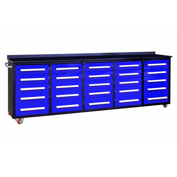 10FT Work Bench,Heavy Duty 25-Drawers Storage Cabinets with Stainless Steel Top & Casters,Blue