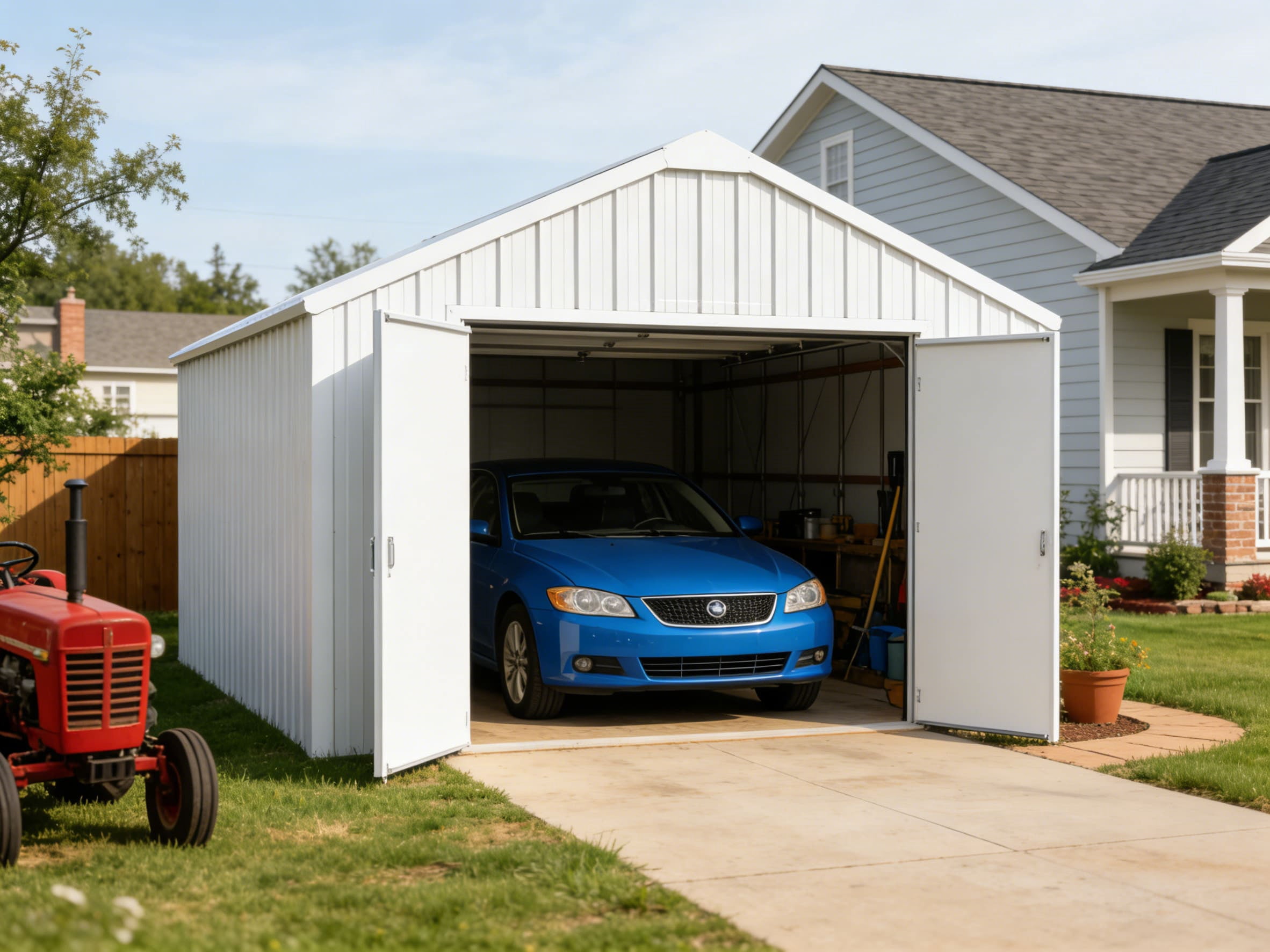 Chery Industrial 12FT x 20FT Single Garage Metal Shed – Heavy-Duty Double Door Outdoor Storage Unit for Vehicles, Tools & Equipment