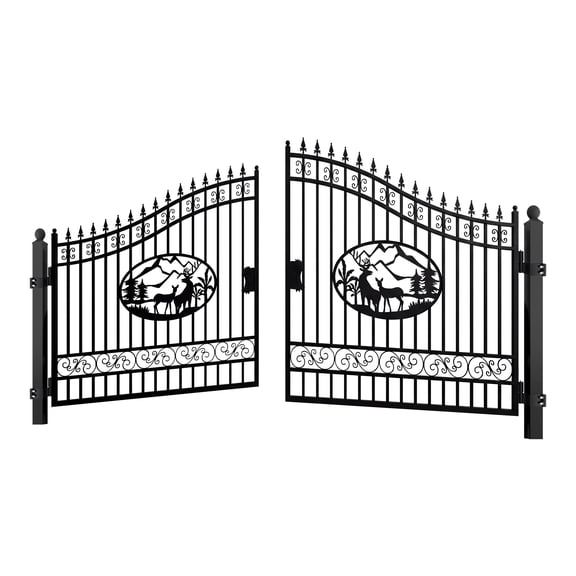 Chery Industrial 14Ft Dual Swing Iron Gate for Driveway, Security Gate, Outdoor Fence Gate for Yard, Backyard Patio,Deer Design with Post