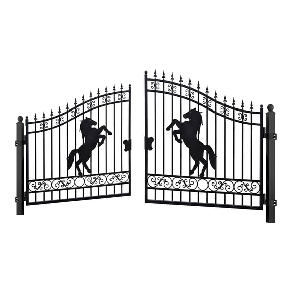Chery Industrial 14Ft Dual Swing Iron Gate for Driveway, Security Gate, Outdoor Fence Gate for Yard, Backyard Patio,Horse Design with Posts