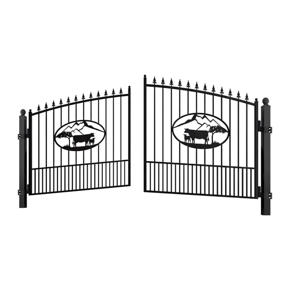 Chery Industrial 14Ft Dual Swing Iron Gate for Driveway, Security Gate, Outdoor Fence Gate for Yard, Backyard Patio,Ox Design