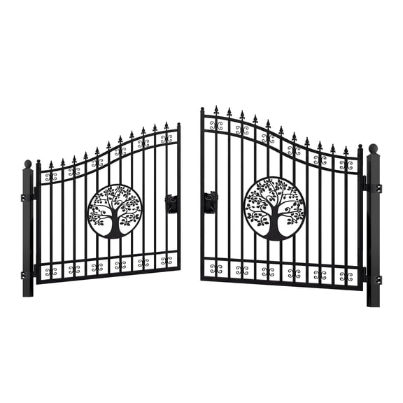 Chery Industrial 14Ft Dual Swing Iron Gate for Driveway, Security Gate, Outdoor Fence Gate for Yard, Backyard Patio,Tree Design with Post