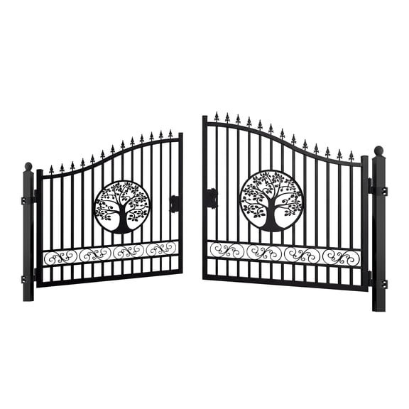 Chery Industrial 14Ft Dual Swing Iron Gate for Driveway, Security Gate, Outdoor Fence Gate with Wider Goalposts, Tree Design with Post