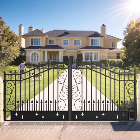 Chery Industrial 14x8 FT Dual Swing Driveway Gate-Star Design, Decorative Steel Entrance Gate with Galvanized Welded Frame, Durable Rustproof Outdoor Patio & Garden Door,Star Design