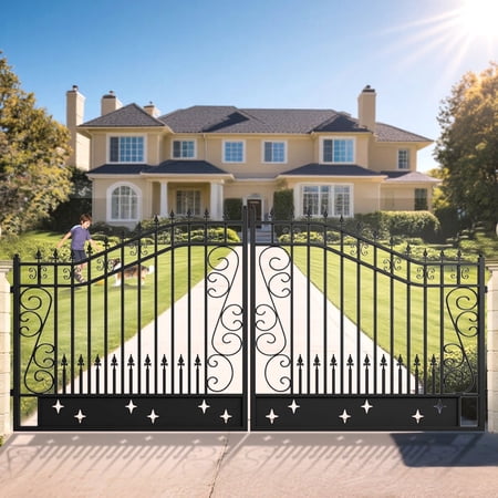 Chery Industrial 14x8 FT Dual Swing Driveway Gate-Star Design, Decorative Steel Entrance Gate with Galvanized Welded Frame, Durable Rustproof Outdoor Patio & Garden Door,Star Design