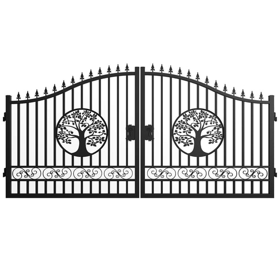 Chery Industrial 14x8 FT Dual Swing Iron Driveway Gate with Galvanized Welded Frame, Tree Design, Black
