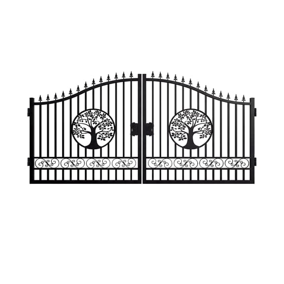 Chery Industrial 14x7.4 ft Steel Dual Swing Driveway Gate with Wider Goalposts,Durable Rustproof Outdoor Patio & Garden Steel Door,Tree Design
