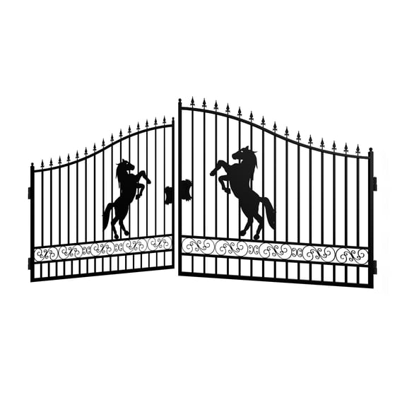 Chery Industrial Outdoor Dual Swing Iron Gate for Driveway, Security Heavy Duty Gate for Garden (18X8' Horse)