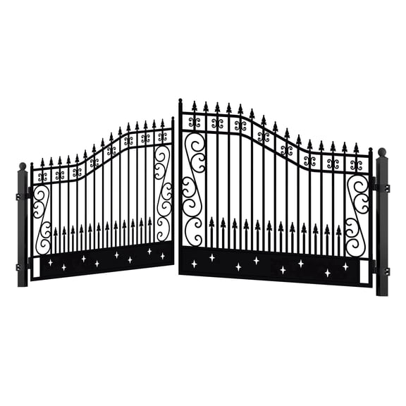 Chery Industrial 18Ft Dual Swing Iron Gate with Posts, Star Design for Driveway and Outdoor Security, Black