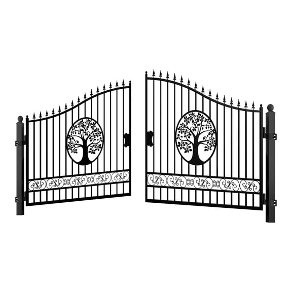 Chery Industrial 18Ft Dual Swing Iron Gate for Driveway, Security Gate, Outdoor Fence Gate for Yard, Backyard Patio,Tree Design with Posts