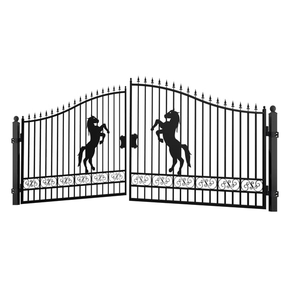Chery Industrial 20Ft Dual Swing Iron Gate for Driveway, Security Gate, Outdoor Fence Gate for Yard, Backyard Patio,Horse Design with Post