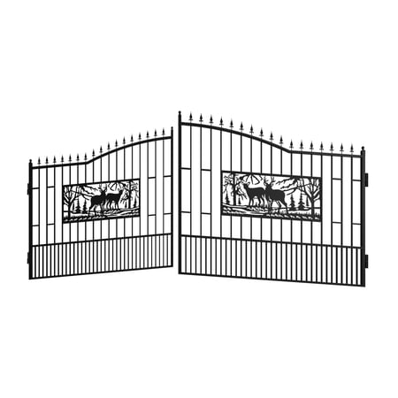 Chery Industrial 18X7Ft Steel Metal Outdoor Dual Swing Driveway Gate for Yard, Backyard Patio -Deer