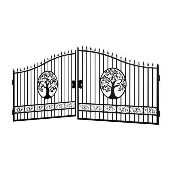 Chery Industrial 19.4 x 8 ft Dual Swing Driveway Steel Gate with Tree Design for Garden, Backyard, Black