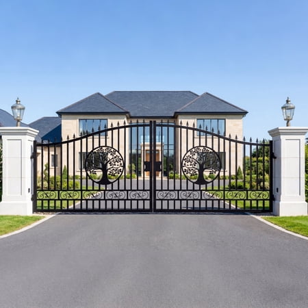 Chery Industrial 20x8 ft Steel Dual Swing Driveway Gate, Tree Design with Wider Goalposts, Black