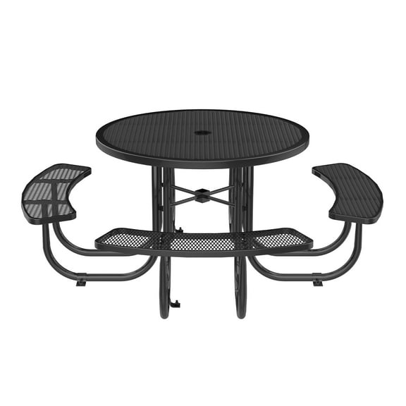 Chery Industrial 46" Expanded Metal Round Picnic Table with 4 Benches & Umbrella Hole, Outside Table and Bench Set for Park, Garden, Backyard, Patio, Black
