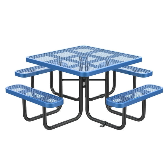 Chery Industrial 46" Expanded Metal Square Picnic Table with 4 Benches & Umbrella Hole, Outside Table and Bench Set for Park, Garden, Backyard, Patio, Blue