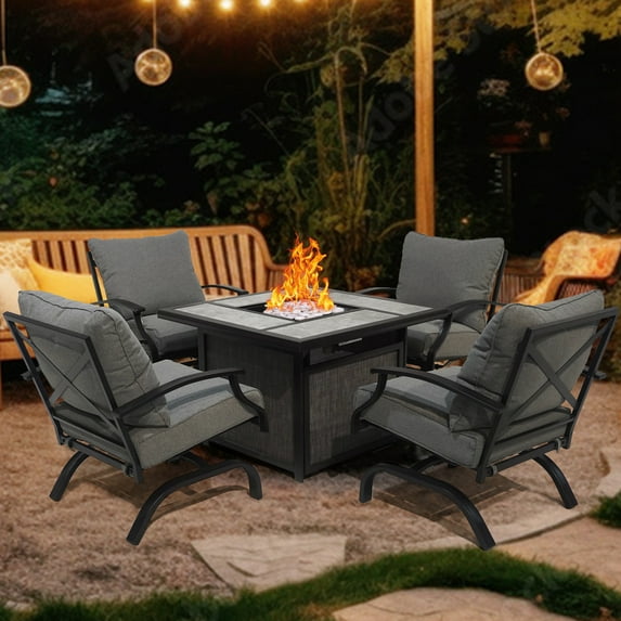 Chery Industrial 5 Pieces Patio Gas Fire Pit Set, a Fire Pit Table with Lid Pit & 4 Pieces Outdoor Motion Chairs with Cushion for Yard