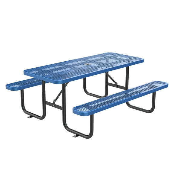 Chery Industrial 96" Expanded Metal Picnic Table with 2 Benches & Umbrella Hole, Outside Table and Bench Set for Park, Garden, Backyard, Patio, Blue