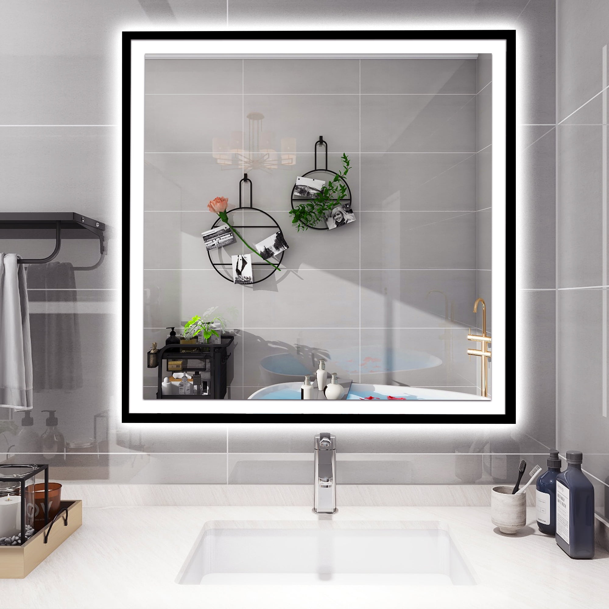 Chery Industrial LED Bathroom Mirror 36x36, Dimmable Framed Vanity Mirror with Lights, Backlit