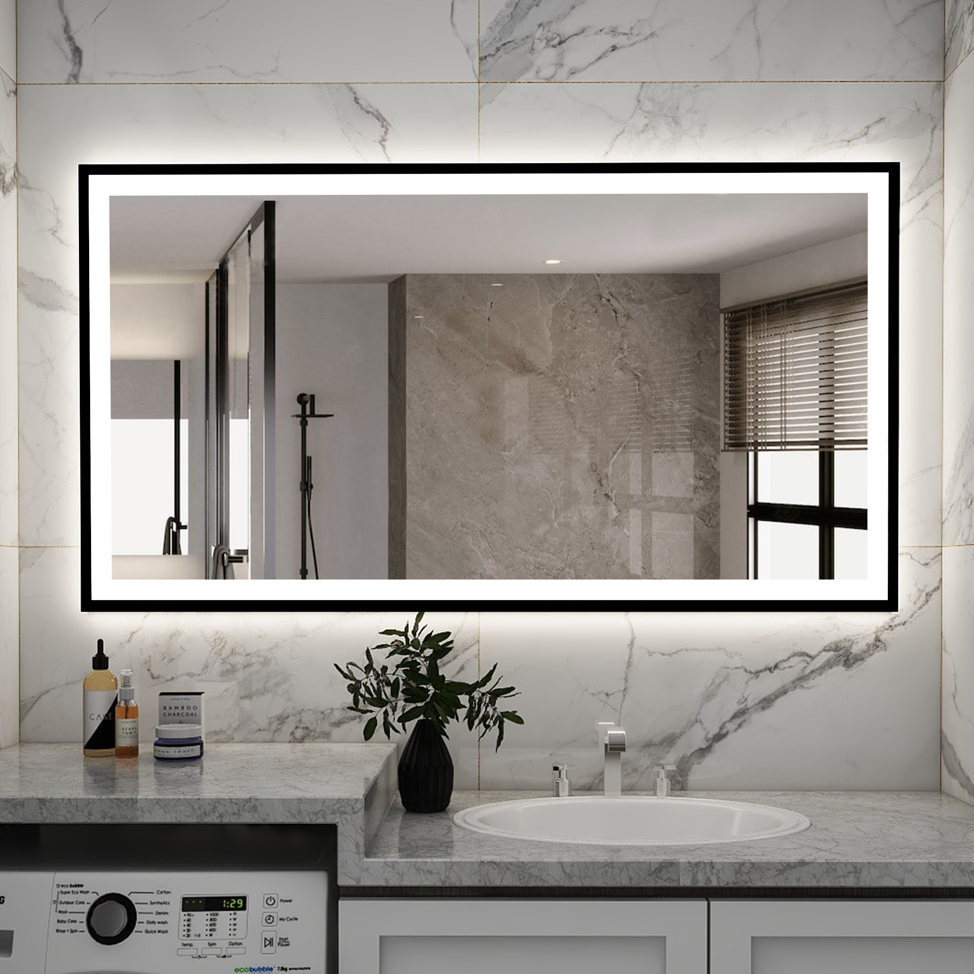 Chery Industrial LED Bathroom Mirror 55x30, Dimmable Framed Vanity