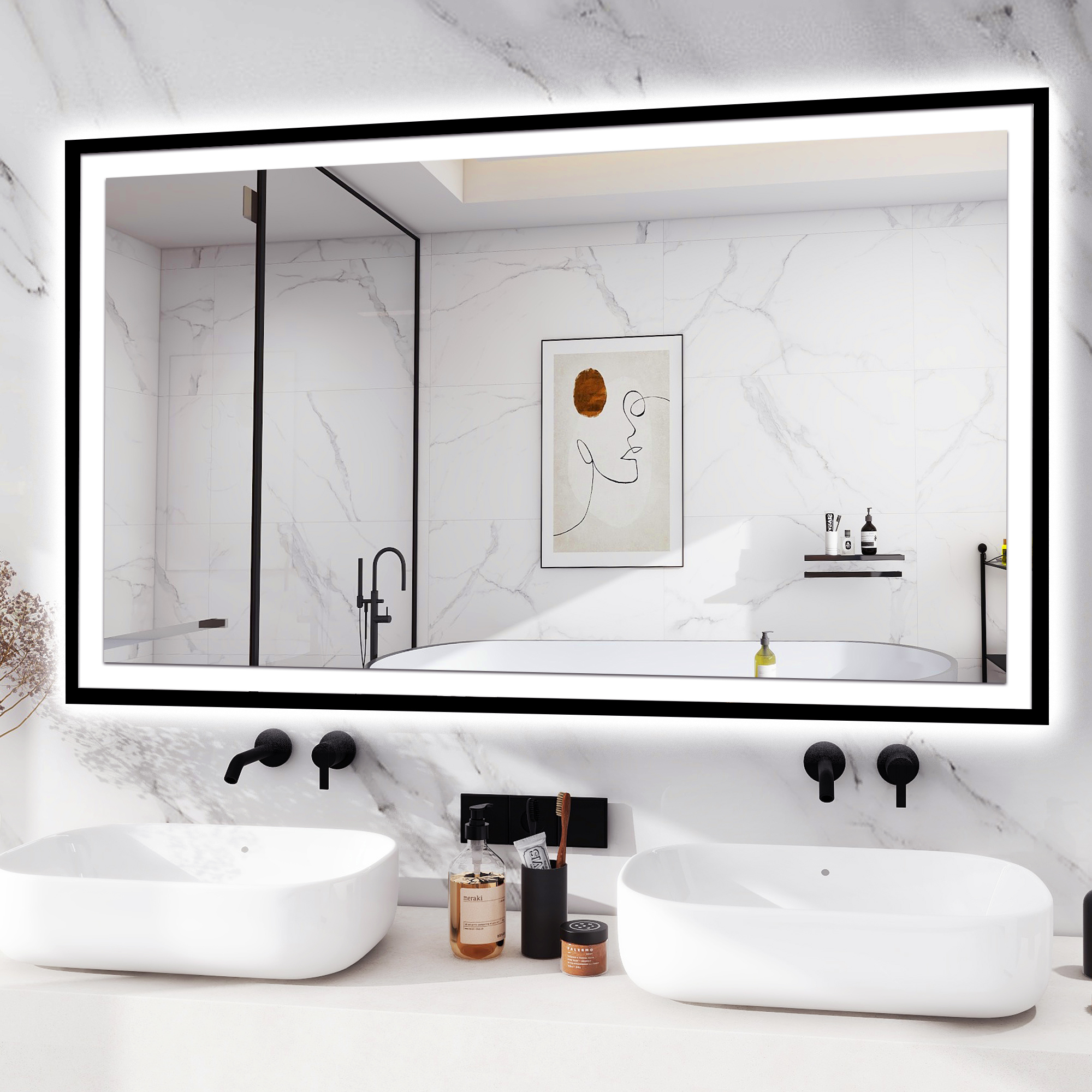 Chery Industrial LED Bathroom Mirror 60x36, Dimmable Framed Vanity