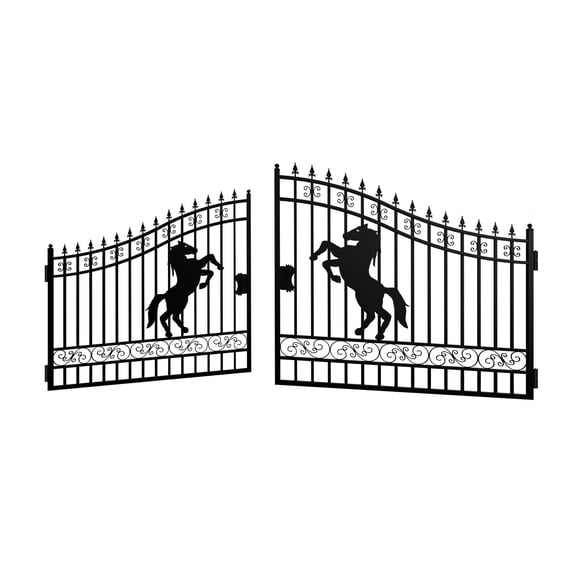 Chery Industrial Outdoor Dual Swing Iron Gate for Driveway, Security Gate, Outdoor Fence Gate for Yard, Backyard Patio(16X7' Horse)