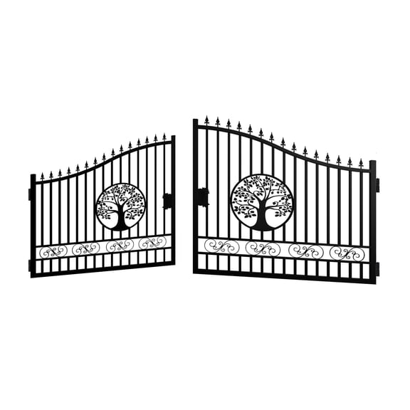 Chery Industrial 16X8 Ft Outdoor Dual Swing Iron Gate for Garden, Backyard and Patio, Tree Design, Black