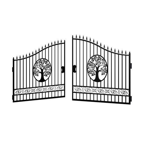 Chery Industrial Outdoor Dual Swing Iron Gate for Driveway, Security Gate, Outdoor Fence Gate for Yard, Backyard Patio18X8' Tree