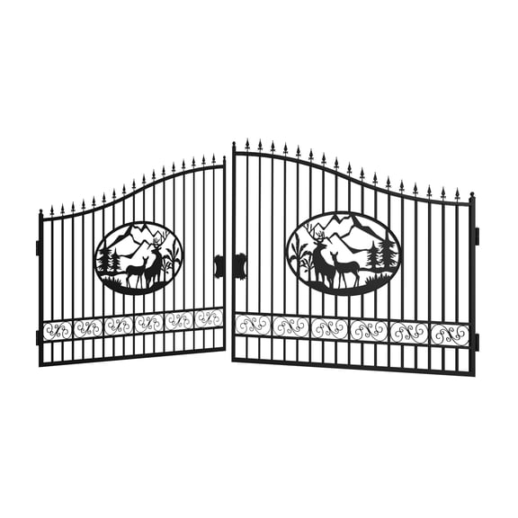 Chery Industrial Outdoor Dual Swing Wrought Iron Gate for Driveway, Security Gate, Outdoor Fence Gate, Vienna Style for Yard, Backyard Patio（20'Deer）