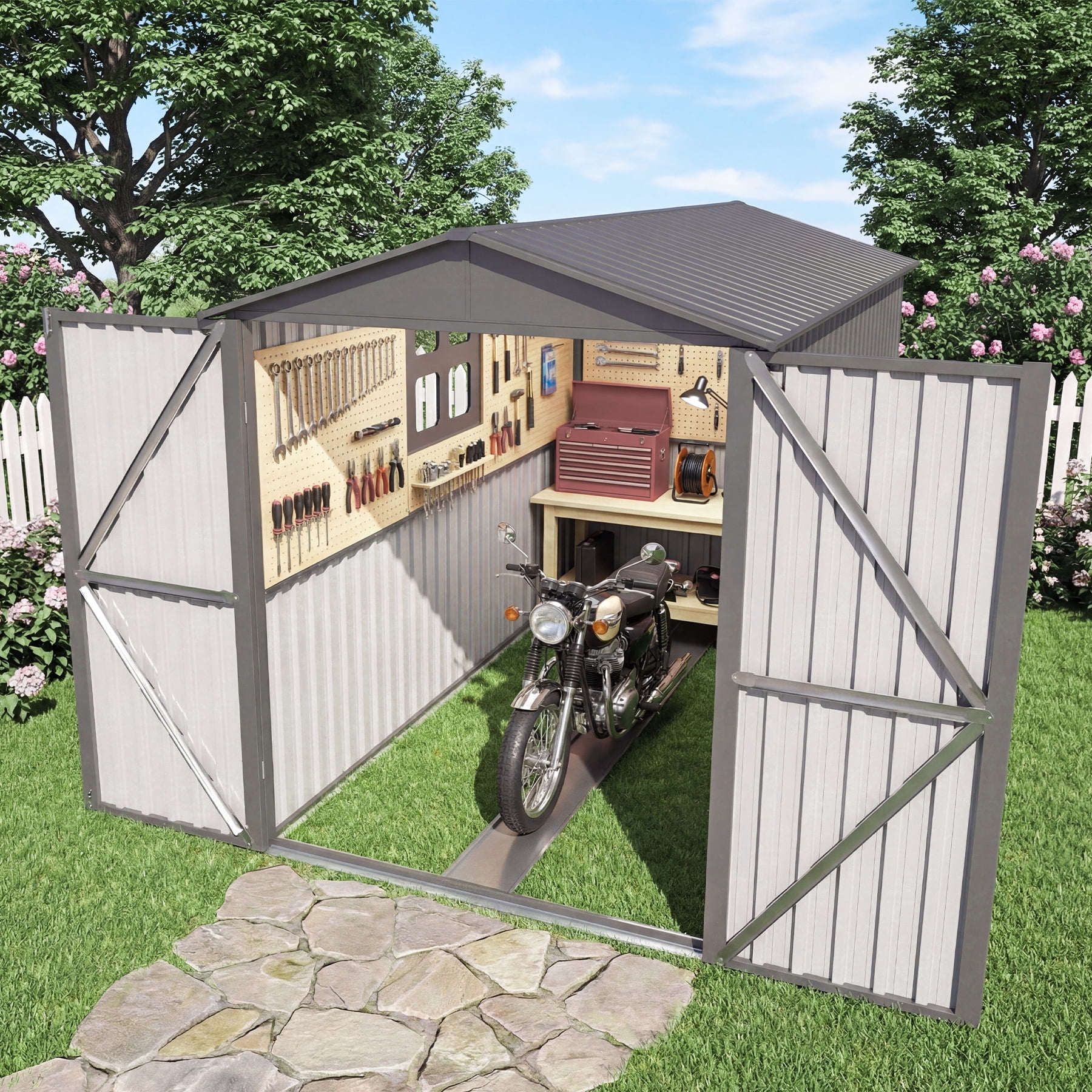 Chery Industrial Outdoor Metal Motorcycle Storage Shed with Window ,Tracks & Fixtures,Grey