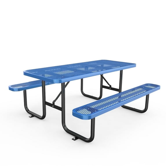 Chery Industrial 72 Inches Metal Picnic Table with Blue Finish and Umbrella Hole,Blue