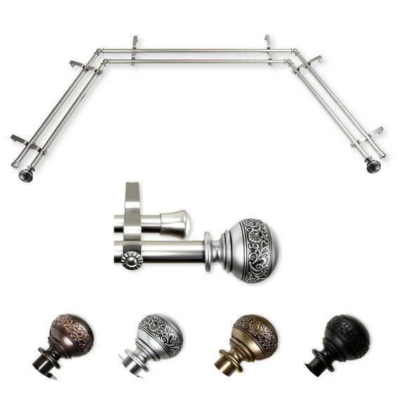 Cheryl 13/16" Bay Window Double Curtain Rod 20"-36", 38"-72" - Satin Nickel