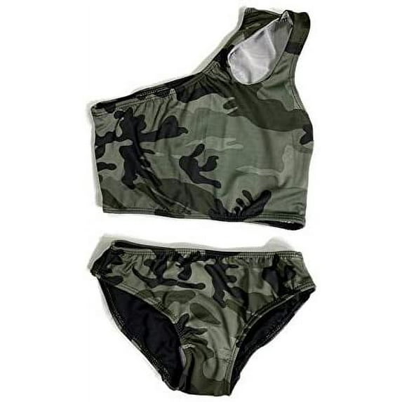 Cheryl Creations Kids Girl's Black Cute & Comfortable Two Piece One Shoulder Bathing Suit Bikini | Swimsuit (Large(14), Green Camouflage)