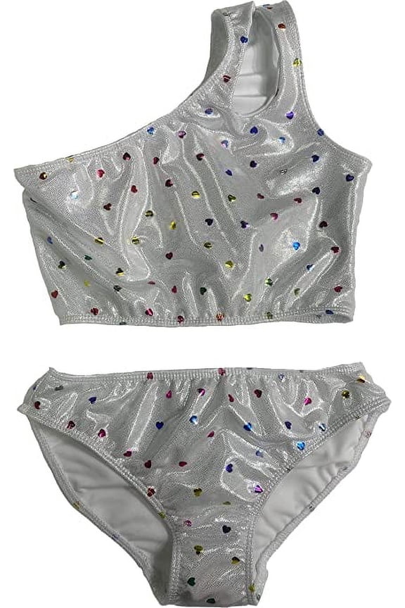Kids Girl's Black Cute & Comfortable Two Piece One Shoulder Bathing Suit Bikini | Swimsuit (Large(14), White/Hearts Print)