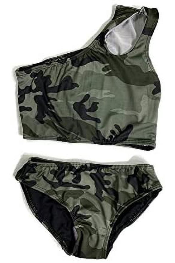 Kids Girl's Black Cute & Comfortable Two Piece One Shoulder Bathing Suit Bikini | Swimsuit (Medium(10/12), Green Camouflage)