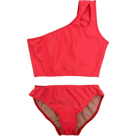 Cheryl Creations Kids Girl's Black Cute & Comfortable Two Piece One Shoulder Bathing Suit Bikini Swimsuit (Small 7-8, Coral)