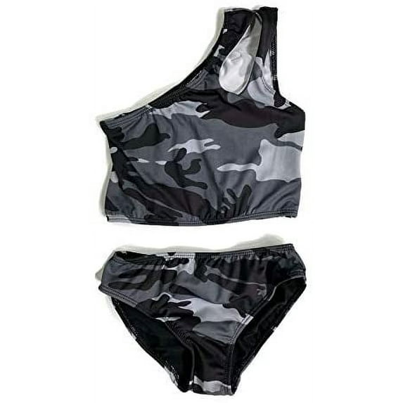 Cheryl Creations Kids Girl's Black Cute & Comfortable Two Piece One Shoulder Bathing Suit Bikini | Swimsuit (X-Large(16), Black Camouflage)