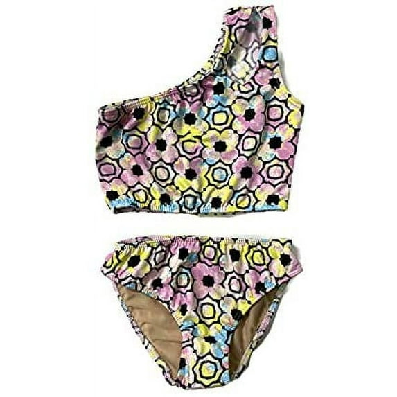 Cheryl Creations Kids Girl's Black Cute & Comfortable Two Piece One Shoulder Bathing Suit Bikini | Swimsuit (X-Large(16), Flowers)