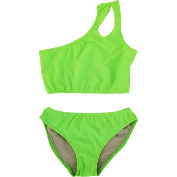 Cheryl Creations Kids Girl's Black Cute & Comfortable Two Piece One Shoulder Bathing Suit Bikini Swimsuit (X-Large 16, Green)