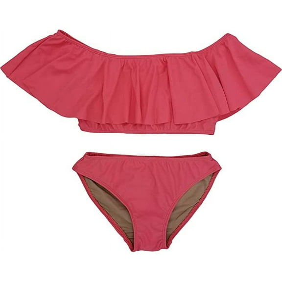 Cheryl Creations Kids Girl's Cute & Comfortable Two Piece Ruffle Front Bathing Suit Bikini | Swimsuit (Large 14, Coral)