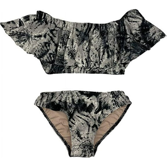 Cheryl Creations Kids Girl's Cute & Comfortable Two Piece Ruffle Front Bathing Suit Bikini | Swimsuit (Small 7-8, Black Tie-Dye)