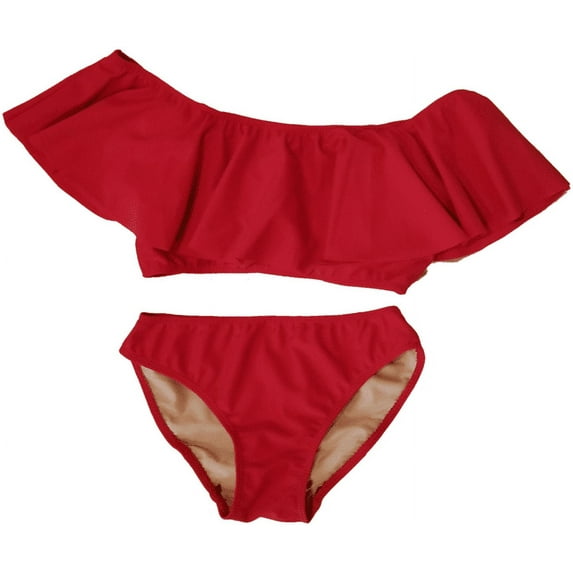 Cheryl Creations Kids Girl's Cute & Comfortable Two Piece Ruffle Front Bathing Suit Bikini | Swimsuit (Small 7-8, Red)