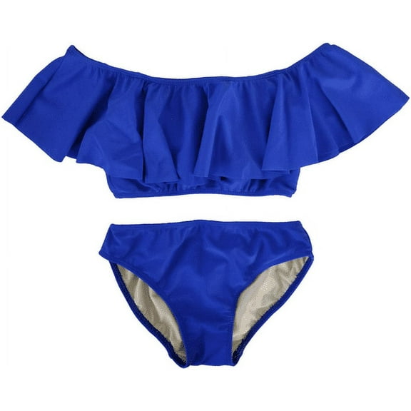 Cheryl Creations Kids Girl's Cute & Comfortable Two Piece Ruffle Front Bathing Suit Bikini | Swimsuit (Small 7-8, Royal Blue)