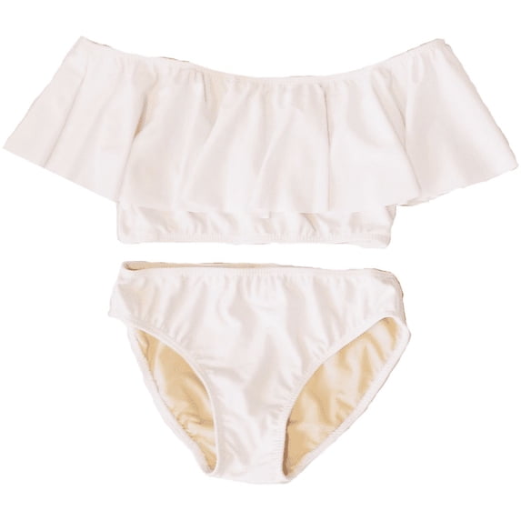 Cheryl Creations Kids Girl's Cute & Comfortable Two Piece Ruffle Front Bathing Suit Bikini | Swimsuit (Small 7-8, White)