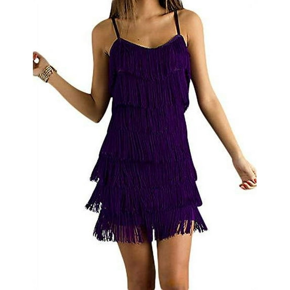 Cheryl Creations Women's Short All-Over Fringe Flapper Sleeveless Comfortable Mini Dress (Purple, Large)